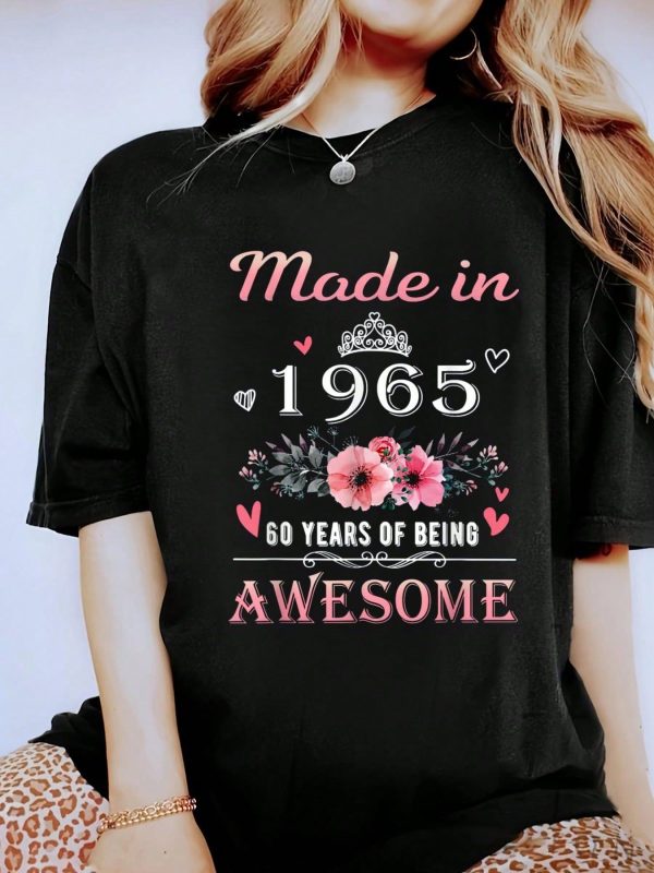 Made In 1965 Floral 60th Birthday 60 Years Of Being Awesome T-Shirt - 100% Cotton Short Sleeve, Casual, Breathable, Comfortable, Summer & Spring Essential - Women's Clothing Printed Graphic Tee For  T-Shirt Lovers