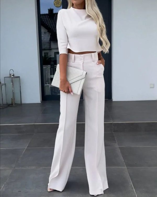 2024New Fashion Women's Elegant Small High Neck Casual Shorts Top Pocket Micro Horn Elegant Pants Set - Light Grey / S