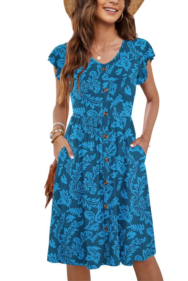 WNEEDU Women Summer Dresses Sleeveless Casual Loose Swing Button Down Midi Dress with Pockets