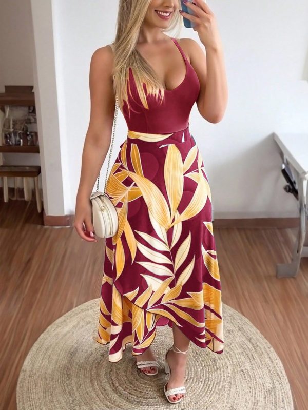 Women Tropical Plant Printed Cross Wrap Cami Sleeveless Dress With Spaghetti Straps Maxi Women Outfit