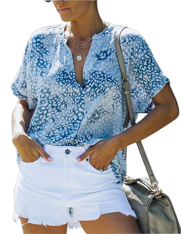 ANCAPELION Women’s Summer Chiffon Blouse Casual Short Sleeve V Neck Shirt Loose Printed Cuffed Sleeve Tunic Tops for Women
