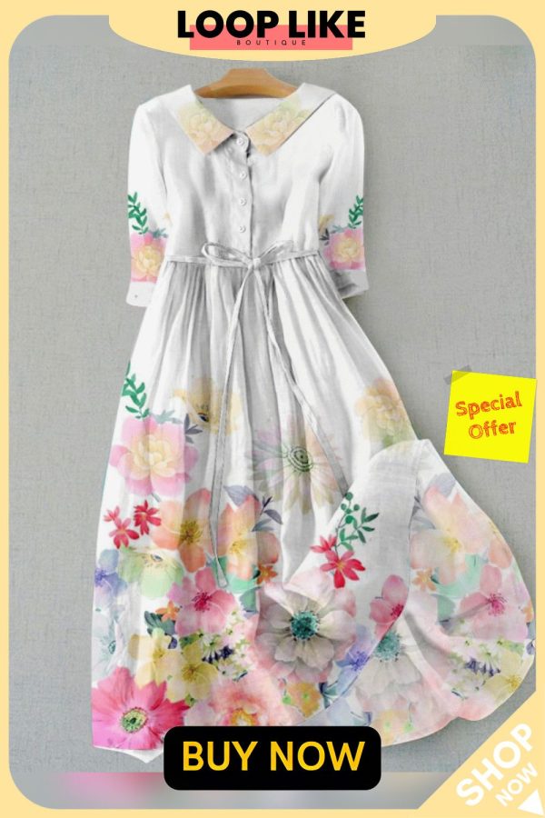 Women's Vintage Botanical Floral Design Print Lace-up Dress
