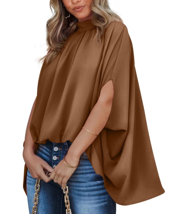 BTFBM Women Mock Neck Summer Tops 2025 Spring Batwing Short Sleeve Loose High Low Hem Casual Oversized Blouses Shirts