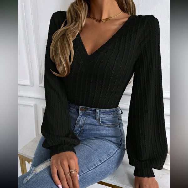 Boho Lantern Sleeve Ribbed Top | Color: Black | Size: Os