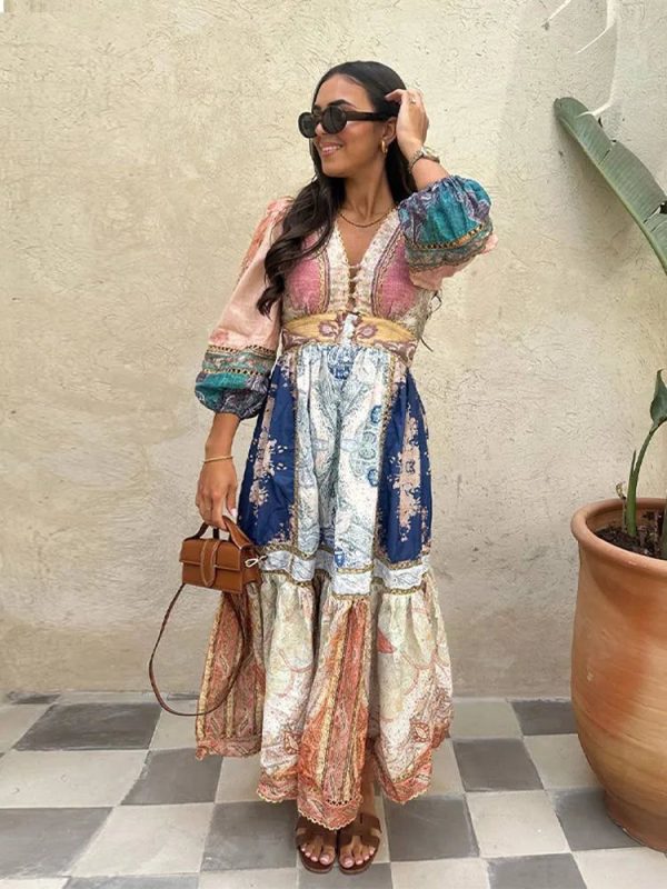 Fashion Puff Sleeve Patchwork Print Midi Dress Women Sexy V Neck High Waist Long Dresses Female Vacation Street Vestidos - Picture Color   3 / L