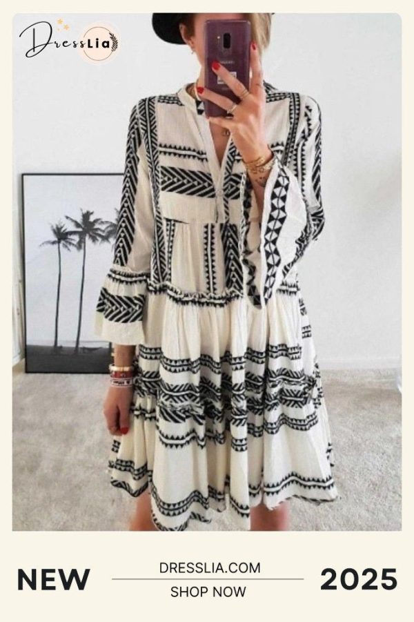 Casual Dress Shift Dress Boho Dress Mini Dress Black Yellow Blue 3/4 Length Sleeve Geometric Print Summer Spring V Neck Modern Vacation Loose Fit S M L Xl Xxl 3xl for Women