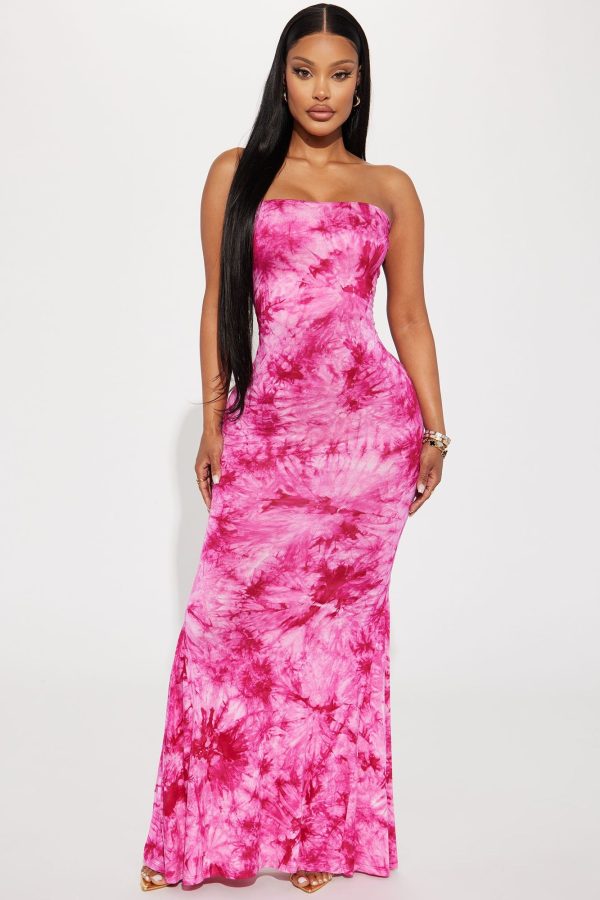 Women's Tie-Dye Tube Maxi Dress Combo in Fuchsia Size Medium