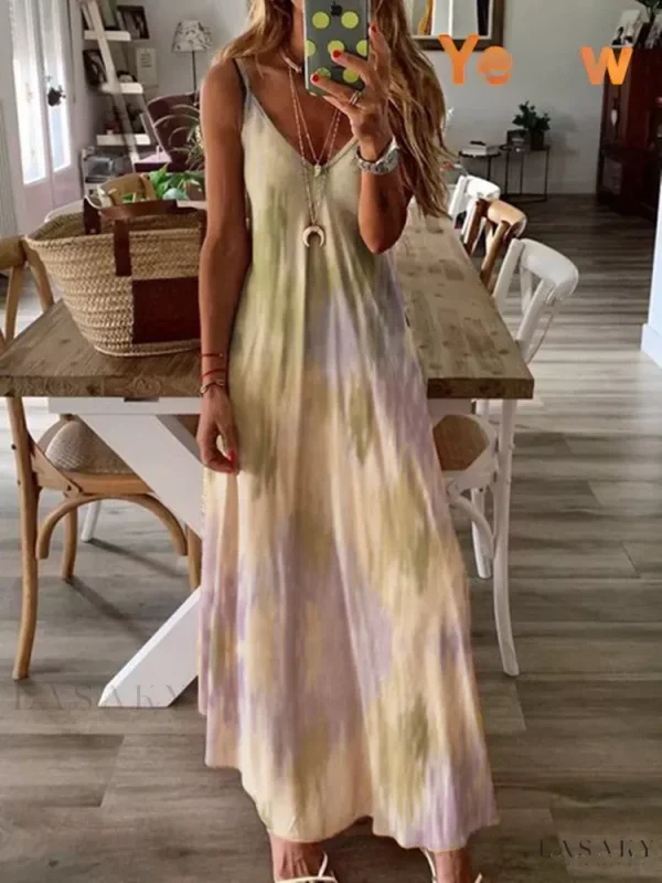 Lasaky - Sleeveless Tie-Dye Maxi Dress with Waisted Flare and Adjustable Straps - Yellow, L