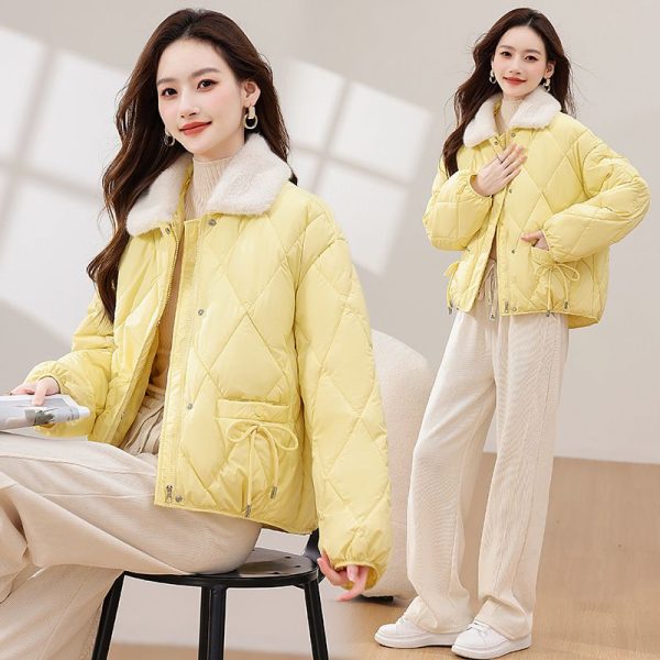 Zingj Foreign Style Cotton-Padded Clothes Women 2024 New Winter New Chinese Cotton-Padded Jacket Bow Splicing Wool Collar Thick Coat Women's Clothing-Outfit Ideas Yellow-S
