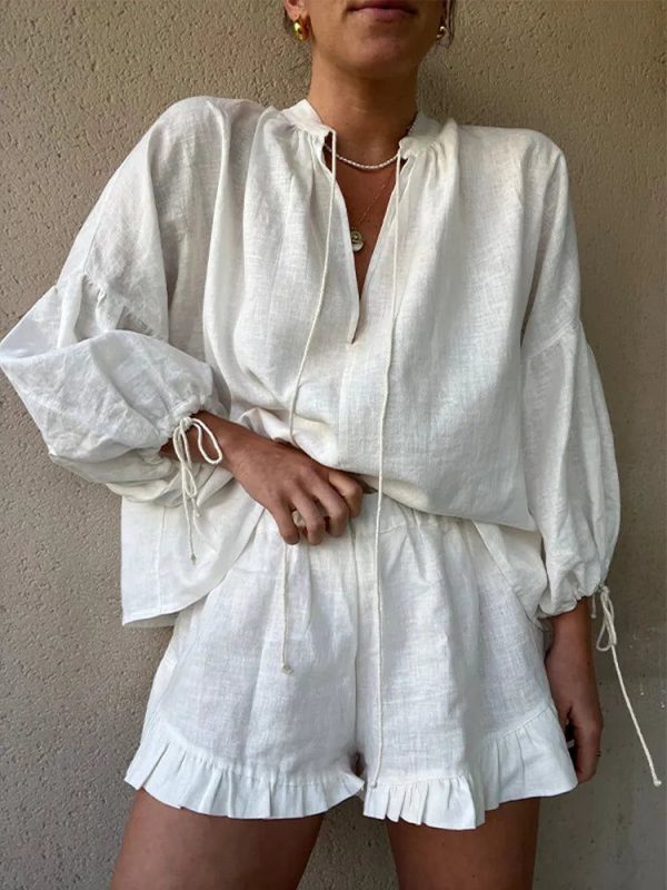 fashion summer cotton linen loose ruffle shorts suits women long sleeve drawstring pullover 2 pieces set casual beach suits - White 1 / M