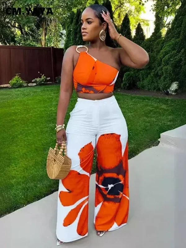 Women Set Floral Print Sleeveless Skew Collar Tops +Wide Leg Pants Two 2 Piece Set Outfit  Summer