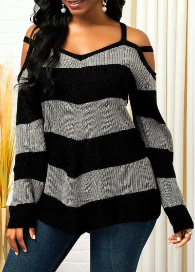 ROTITA Color Block Long Sleeve Cold Shoulder Sweater