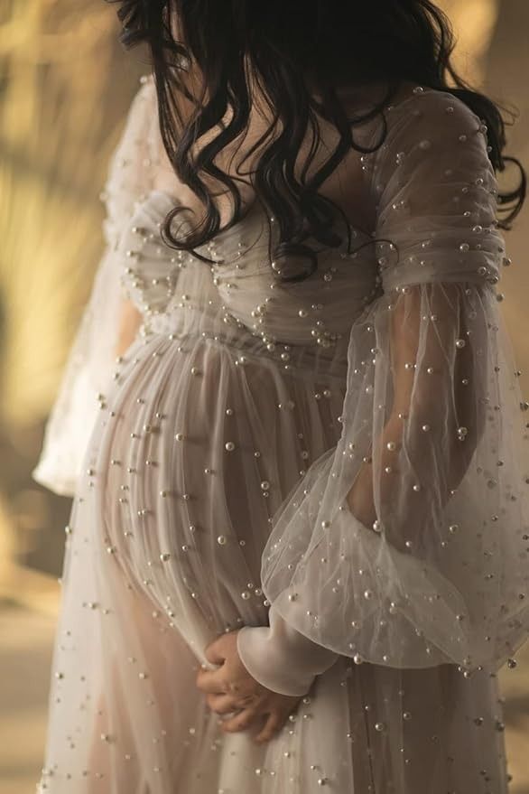 Pearl Tulle Maternity Dresses for Photoshoot Puffy Sleeve Off Shoulder Wedding Bridal Lingerie Gown Pregnancy Gown