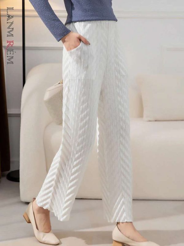 LANMREM Wide Leg Pleated Pants For Women Elastic Waist Solid Color Long Trousers Female Elegant