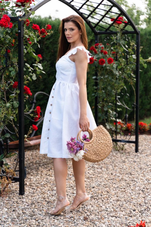 100% Linen Dress with Coconut Buttons & Pockets, Summer Midi Linen Dress with Ruffle Strap Corset, Boho Linen Dress, Classic Linen Dress