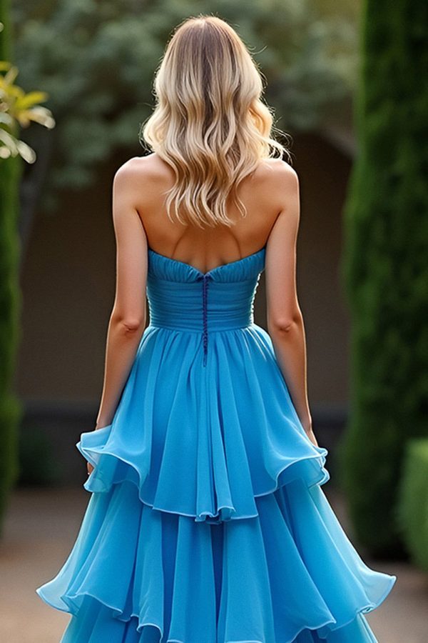 ZAPAKASA Women Blue A Line Chiffon Strapless Long Prom Dress Ruched Tiered V-Neck Formal Dress