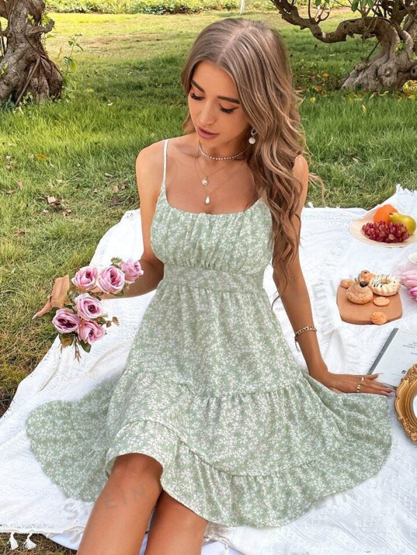 Aveloria Rosie Random Allover Floral Print Ruched Bust Ruffle Hem Cami Dress Vacation Outfits Woman
