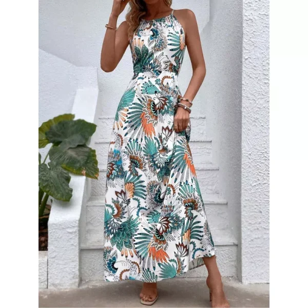 New 2024 Spring Summer Flower Print Long Tank Dress Women's Clothing European American Cross-Border