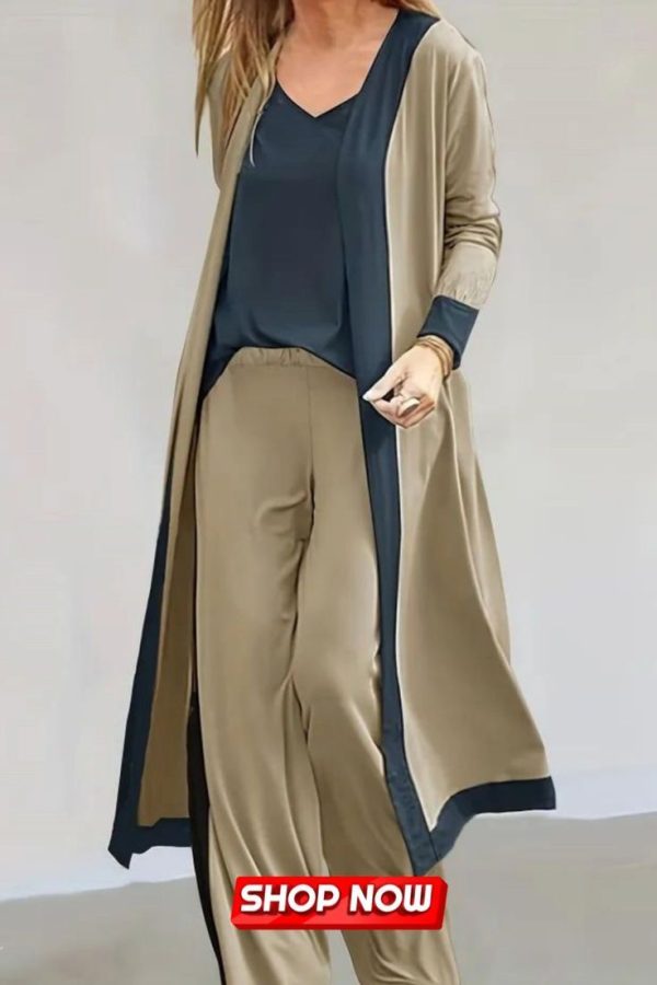 Open Front Long Sleeve Cardigan & V Neck Tops & Wide Leg Pants Outfits