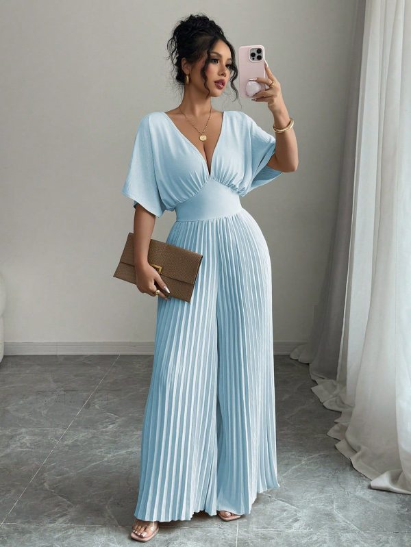 Solid Deep V-Neck Batwing Sleeve Pleated Elegant Women Jumpsuit