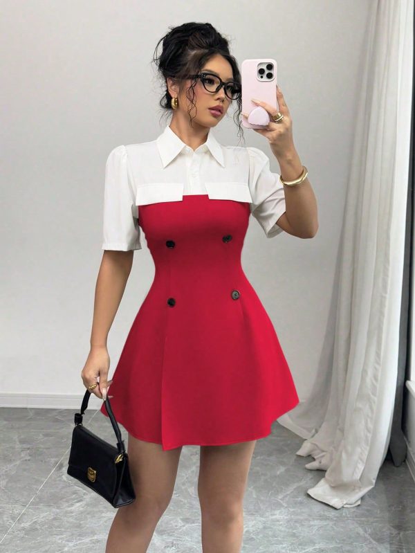Color Blocking 2 In 1 Shirt Dress, Fashionable For Summer