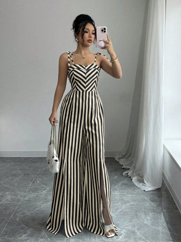 Women's Casual Elegant Vacation Style Fashion Color Block Striped Shoulder Tie Wide Leg Jumpsuit, Spring & Summer