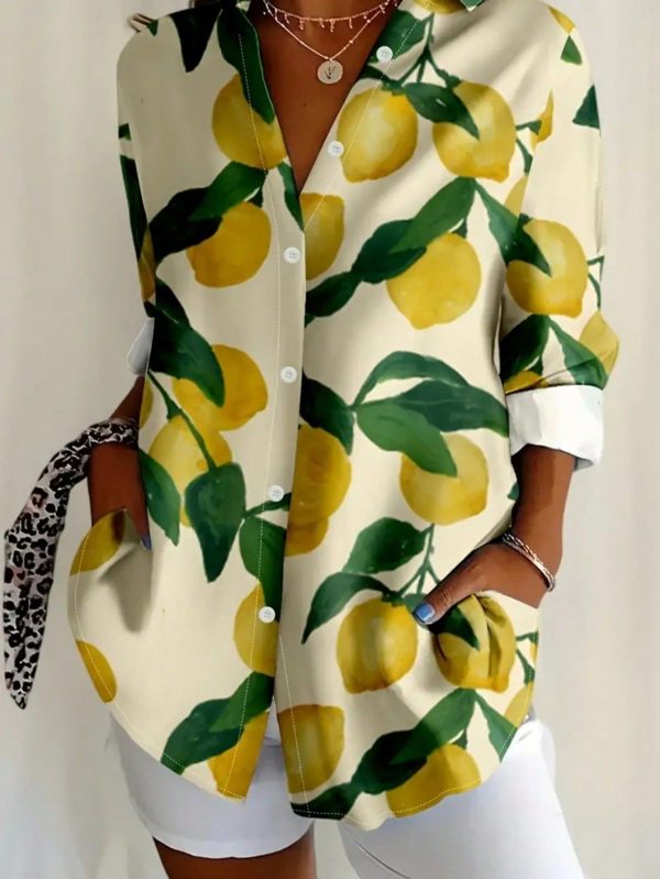 Women's Summer Turndown Collar Lemon All Over Print Casual Vacation Style Fashion Long Sleeve Blouse