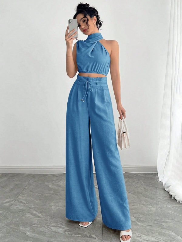 Elegant Commuter Collared Blouse And Wide-Leg Pants 2 Pieces Set, Teacher Outfit, Lightweight & Comfortable Asymmetric Sleeveless Blouse And Wide-Leg Pants 2 Pieces Set, Suitable For Spring/Summer/Autumn Loose Pants 2 Pieces Set, Designer 2 Pieces Set Concert Outfit For Women Elegant Evening Suitable For Daily, Party, Back To School, Wedding, Performance