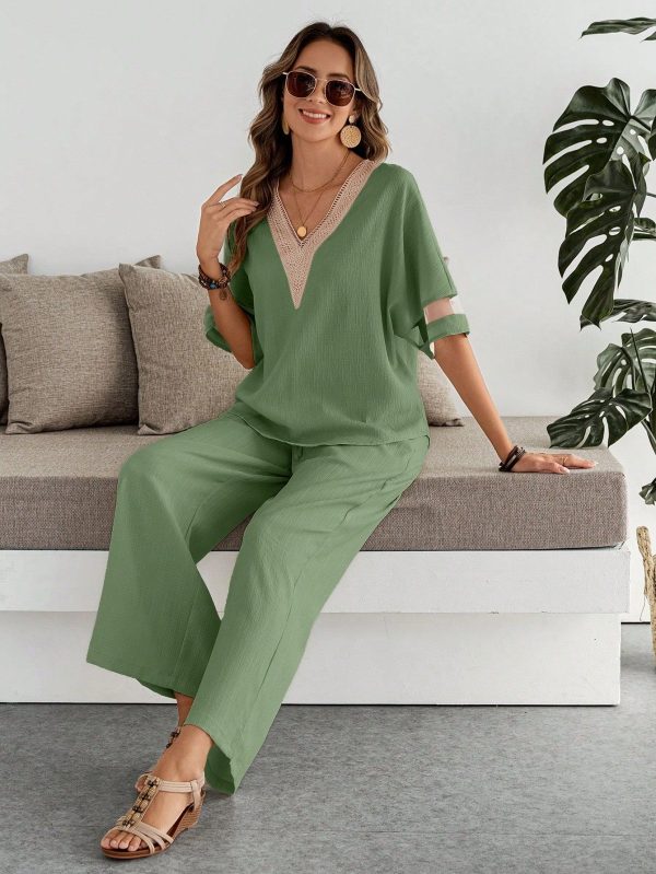 Women Vacation Casual Color Block Collar Mesh Splice Batwing Sleeve Shirt And Long Pants 2 Pieces Set,Summer Sets