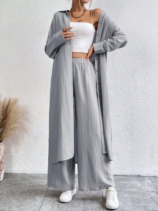 2pcs Women Casual Set - Solid Color Long Sleeve Single-Breasted Shirt And Pants