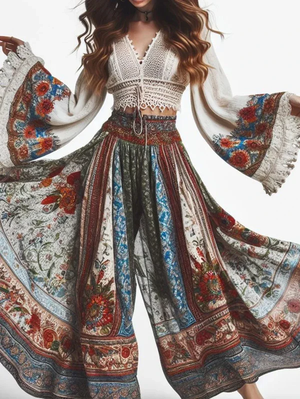 Bohemian Ethnic Style Women's Trousers Classic Retro Floral Pattern Print Elastic High Waist Women's