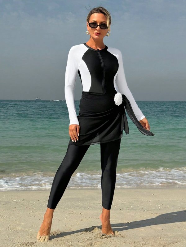 Women Burkini Zipper Long Sleeve Top And Pant Set, Minimalist Style Suitable For Summer