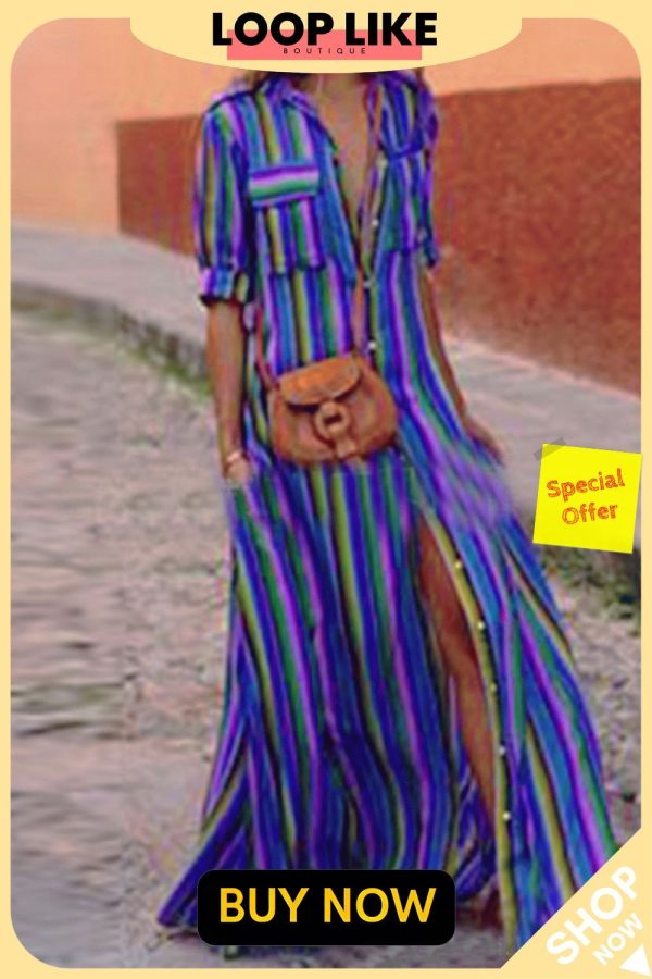 Casual Striped Patchwork Turndown Collar Printed Dress Dresses(4 Colors)