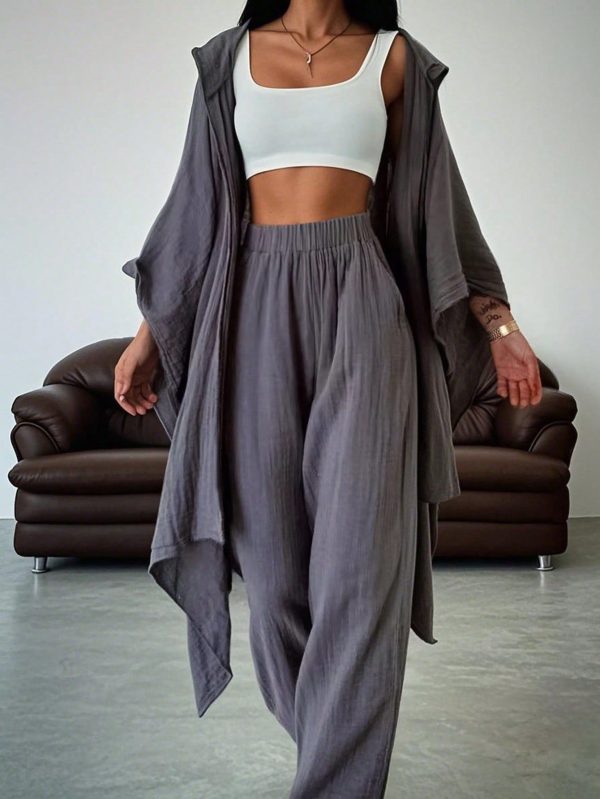 3pcs Women Vacation Casual Daily Fashion Set: Bat Wing Jacket, Cropped Tank Top, Pants
