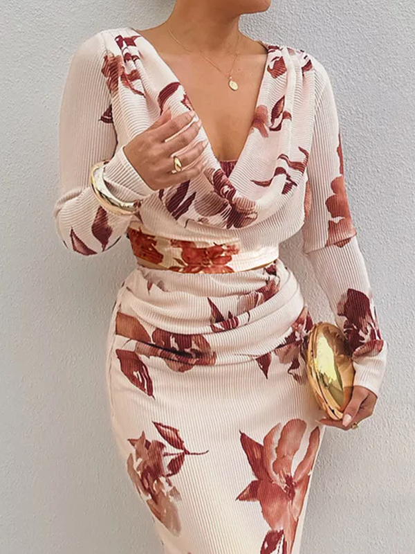 Women Elegant Fitted Floral Blouse Deep V Neck Chiffon Long Sleeves Summer for Various Occasions
