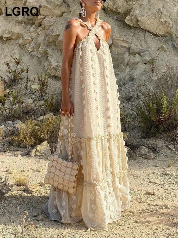 LGRQ High Quality Elegant Luxury Trendy, Long Evening Dresses ,Women's Halter Sleeveless Floral