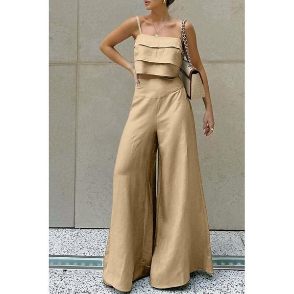Women's Active Basic Linen-Inspired Sets Camisole Pants Sets Sleeveless Strap Solid Color Ruched Vacation Going out Pink Green Khaki Summer Regular Fit