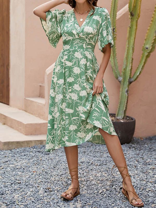 Buttoned Contrast Color Pleated A-Line Half Sleeves V-Neck Midi Dresses GREEN-L