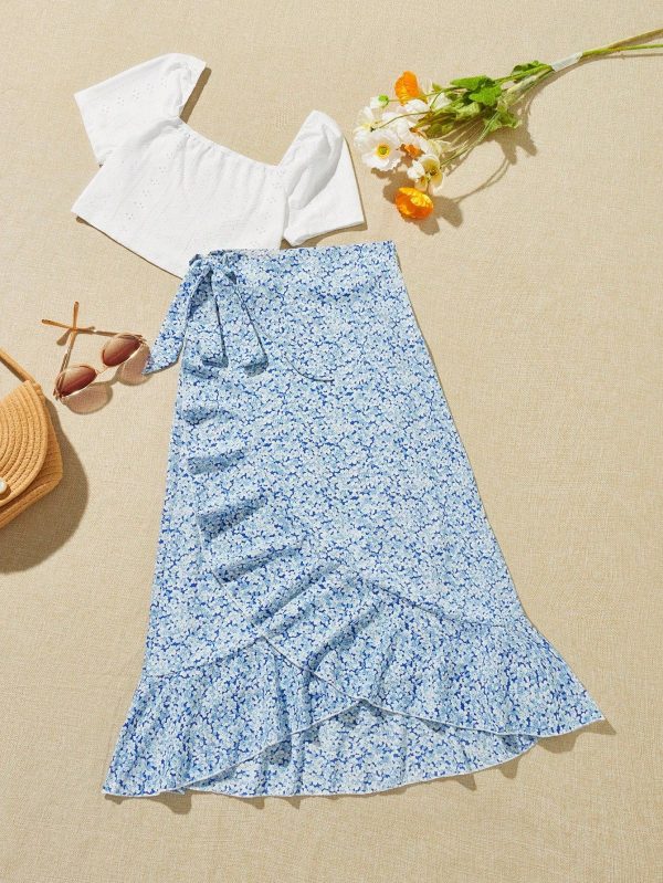 Summer Casual Square Neck Cropped Top And Skirt Set With Floral Print And Ruffle Trim
