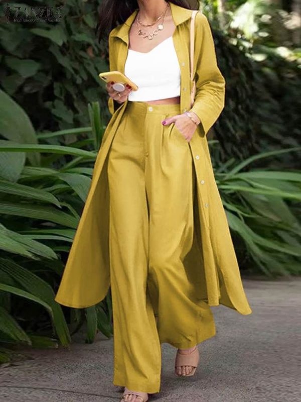 Elegant Matching Sets Women Long Sleeve Split Shirt ZANZEA 2025 Casual Lapel Button Blouses Wide Leg