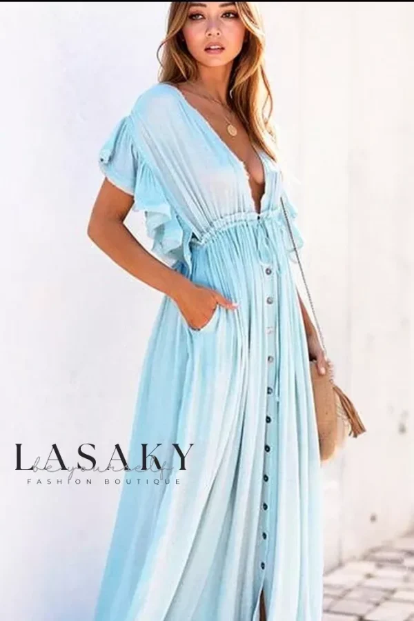Lasaky - Stylish Bamboo Buckle Waist Drawstring Beach Cover-Up: Elegant Backless Vacation Dress and Bikini Cover-Up - Light-Blue, F
