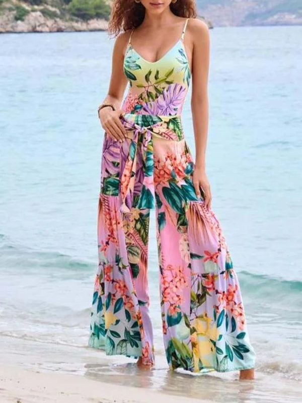 U-neck Print Swimsuit Long Pants One Piece - color3 L