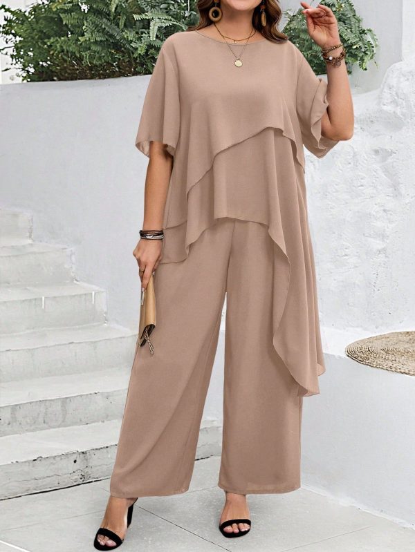 2pcs Plus Size Women Summer Blue Asymmetrical Shirt & Pants Boho Set