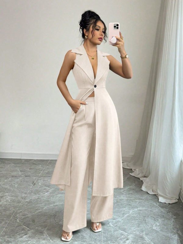 2 Pcs Set: Elegant Commuter Sleeveless Lapel Waist Flare Maxi Jacket And Long Pants