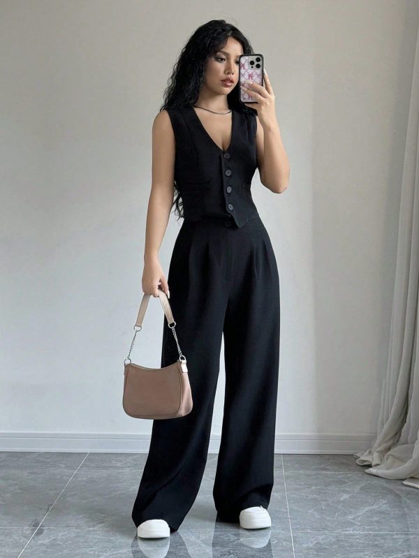 French Style Spring/Summer Solid Color Camisole And Pleated Pants Set, Casual/Streetwear/Office Wear