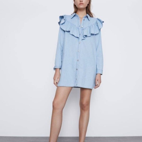 Zara Dresses | Zara Denim Ruffle Mini Curved Hem Shirt Dress | Color: Blue | Size: M