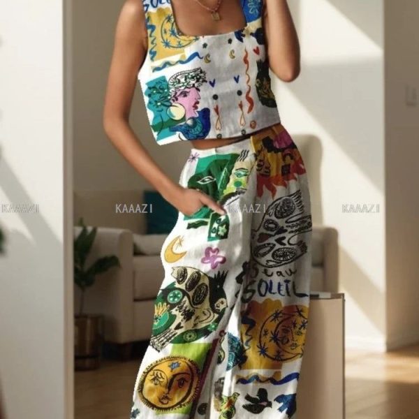 Holiday Fashion Casual Print Suits Women Crop Sleeveless Vest Tank Top