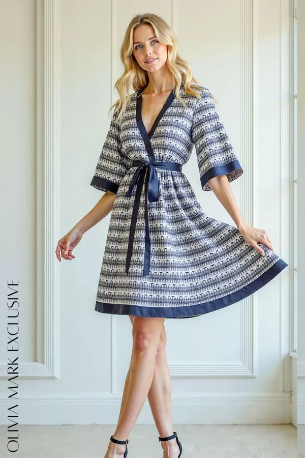 Olivia Mark - Elegant Wrap Style Midi Dress with Satin Trim and Printed Pattern - Navy Blue and White, XXS