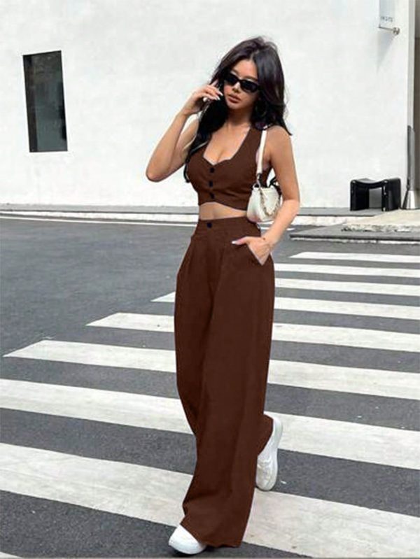 2 Pieces Set Women Solid Color Camisole Top And Trousers, Casual & Fashionable, Suitable For Summer