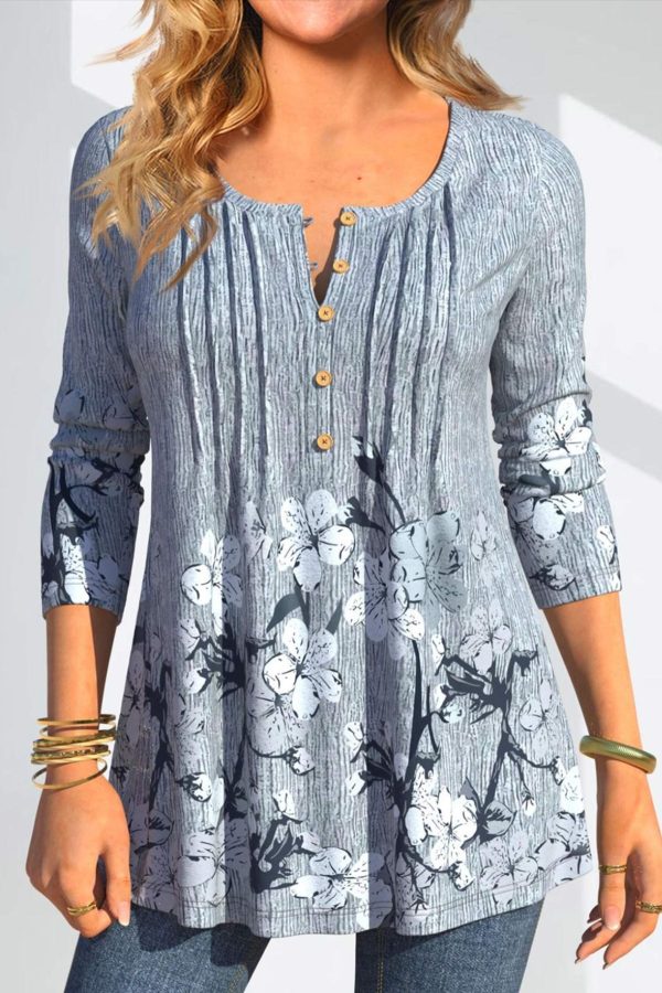 Tuck Stitch Random Floral Print Dusty Blue Blouse